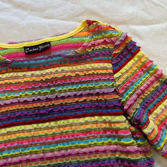 Vintage Cactus Flower Stretchy Rainbow Striped Shirt - Picture 1 of 3